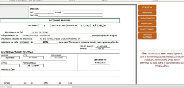 Planilha Controle De Imóveis + Recibo De Aluguel Em Excel