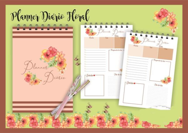 planner diario floral arquivo digital digital