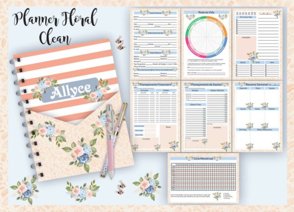 planner floral clean arquivo digital encadernacao geral