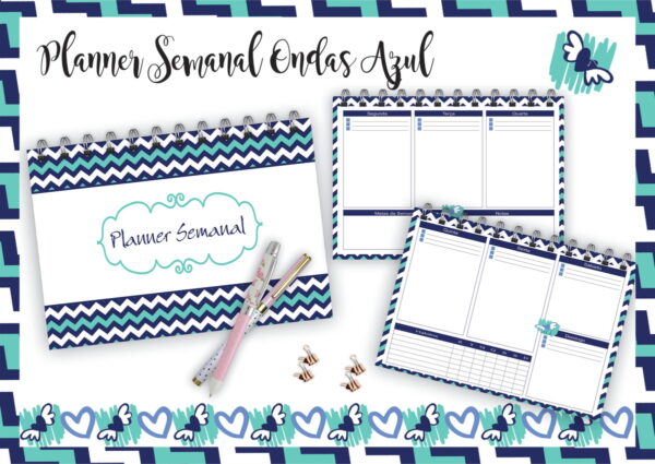 planner semanal horizontal ondas azuis arquivo digital miolo digital