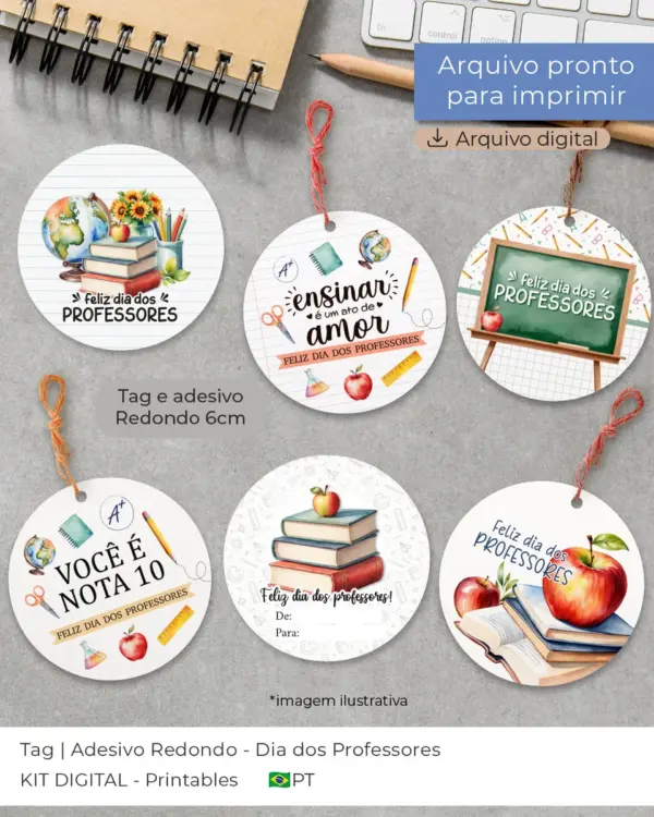 Tag Redonda 6cm para Decoração de Festa de Professor