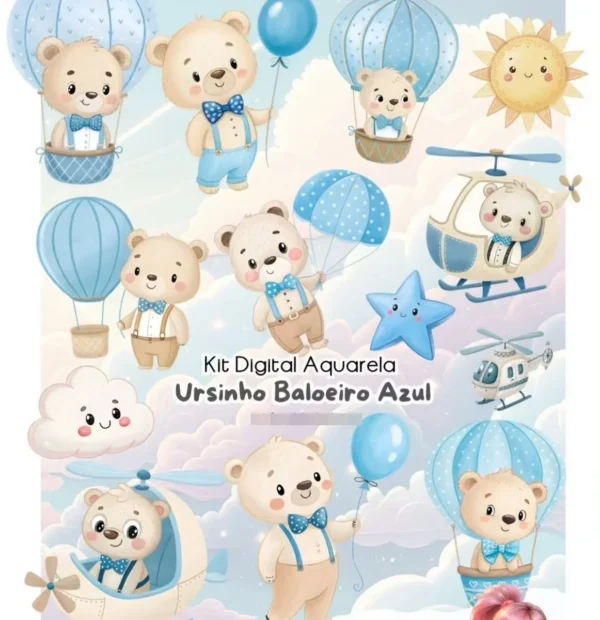 Ursinho Baloeiro em Tons Aquarela - Kit Digital PNG