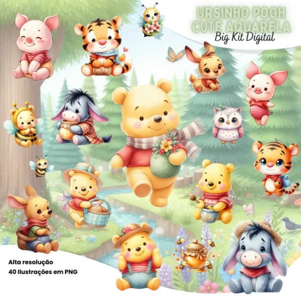 Ursinho Pooh Cute: Conjunto Digital em PNG para Festas